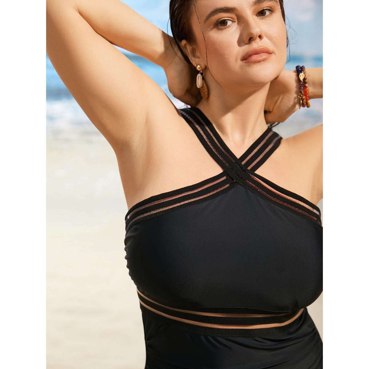 Plus Size Overlap Collar Patchwork Mesh Gathered One Piece Swimsuit Women's Swimwear Black Beach Woven ribbon&lace trim Curve Bathing Suits High stretch One Pieces BloomChic 30/6X Product Image