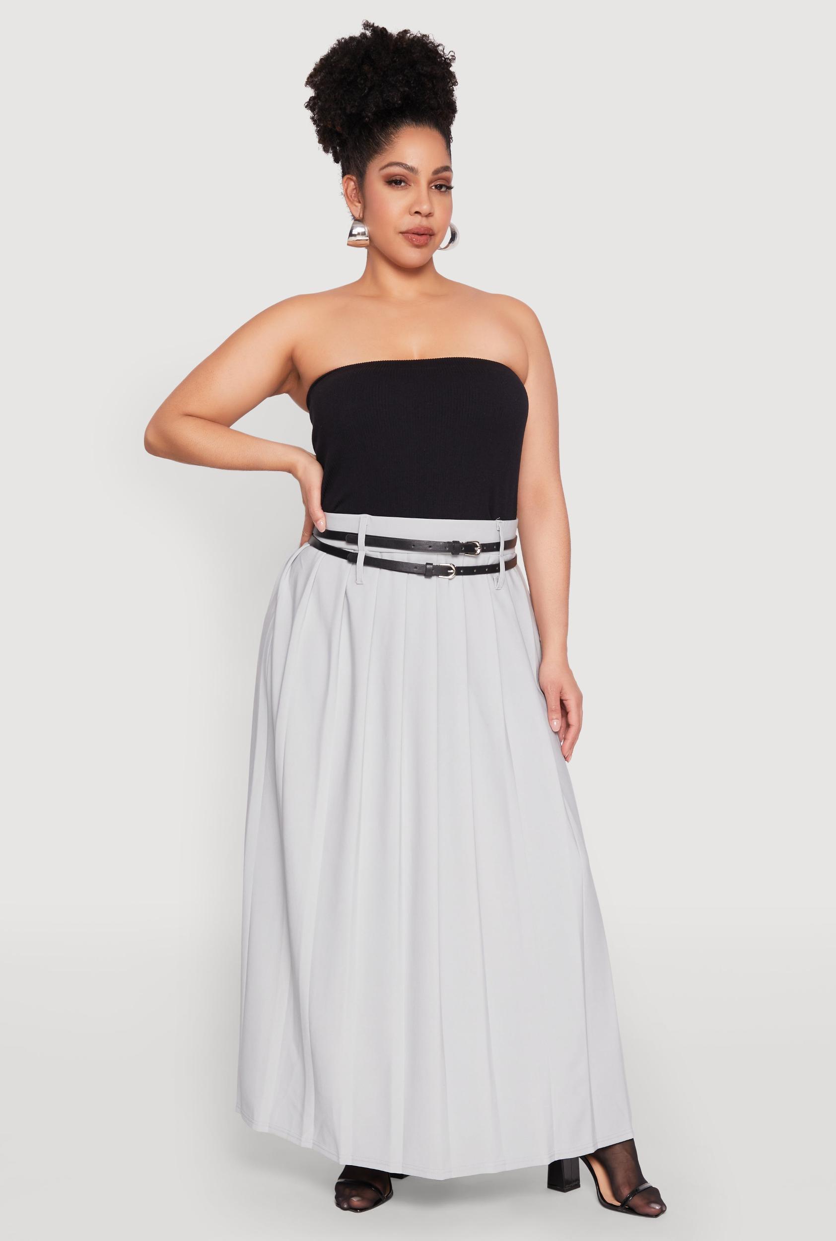Womens Plus Size Double Belted Side Slit Pleated Skirt Product Image