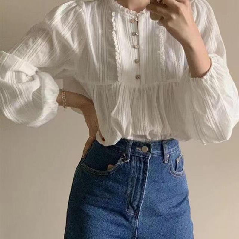 Long-Sleeve Round Neck Plain Lace Trim Half-Button Blouse Product Image