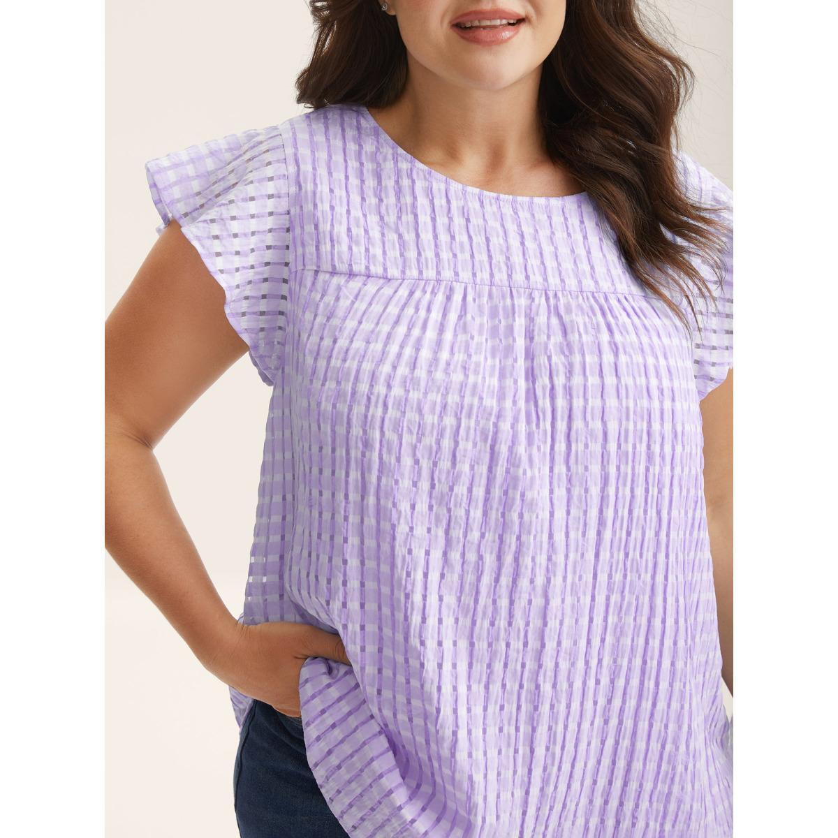 Plus Size Lilac Textured Sheer Lined Flutter Sleeve Blouse Women Cap Sleeve Round Neck Everyday-Casual Blouses BloomChic 22-24/3X Product Image