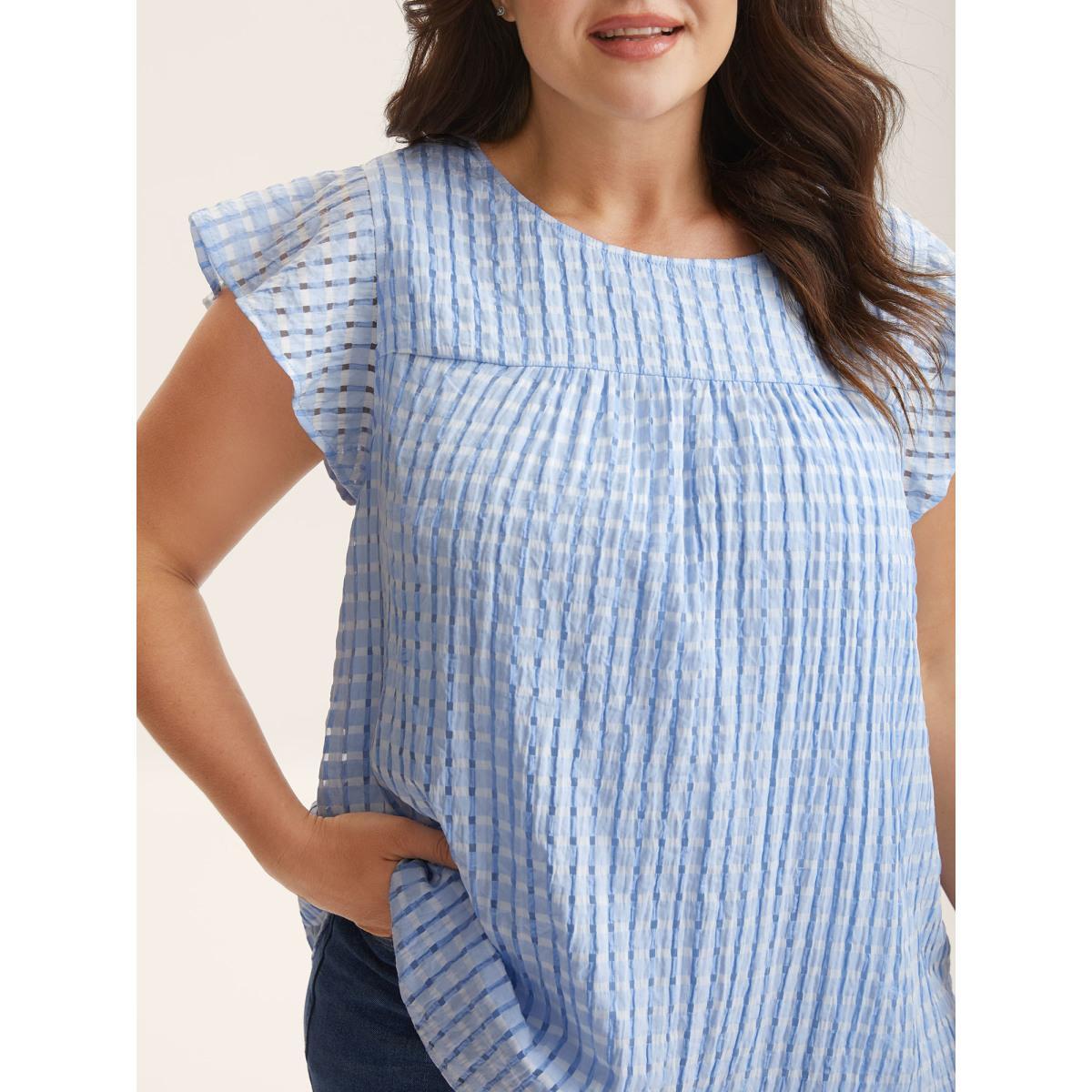 Plus Size Lilac Textured Sheer Lined Flutter Sleeve Blouse Women Cap Sleeve Round Neck Everyday-Casual Blouses BloomChic 22-24/3X Product Image
