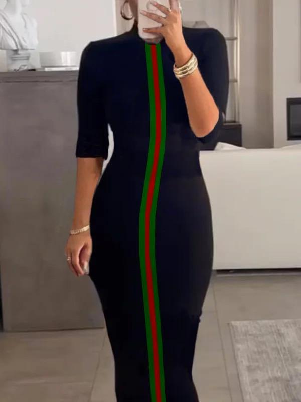 Bodycon Half Sleeves Contrast Color Striped Stand Collar Midi Dresses Product Image