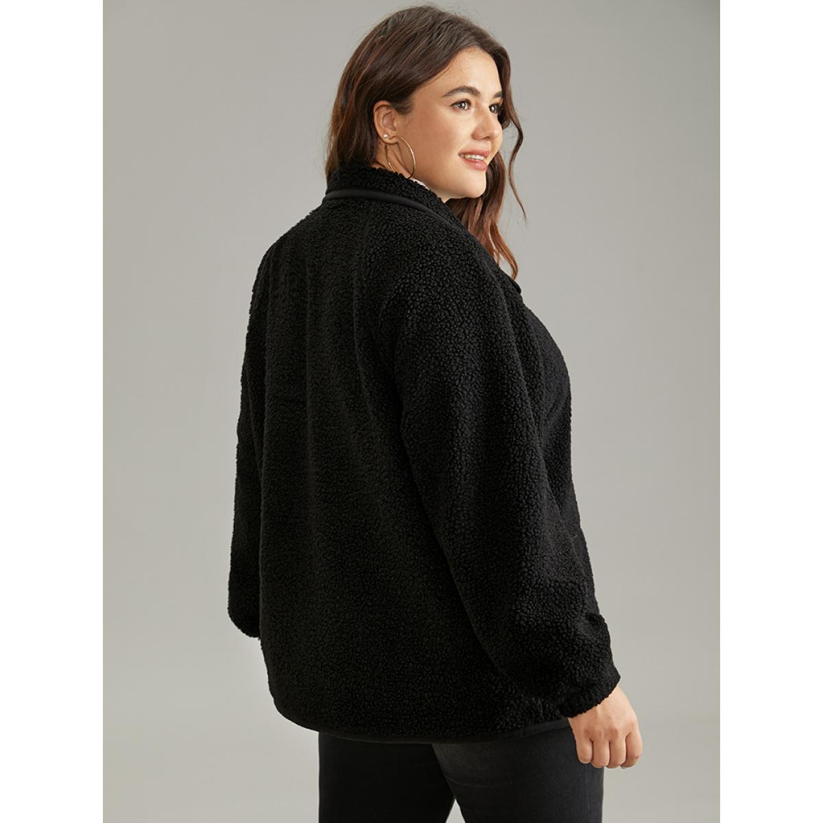 Plus Size Solid Button Through Teddy Coat Women Black Casual Lined Ladies Dailywear Winter Coats BloomChic 18-20/2X Product Image