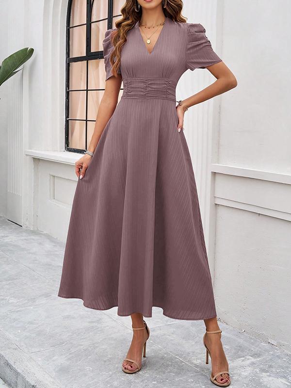 A-Line High Waisted Pleated Solid Color Zipper V-Neck Maxi Dresses Product Image