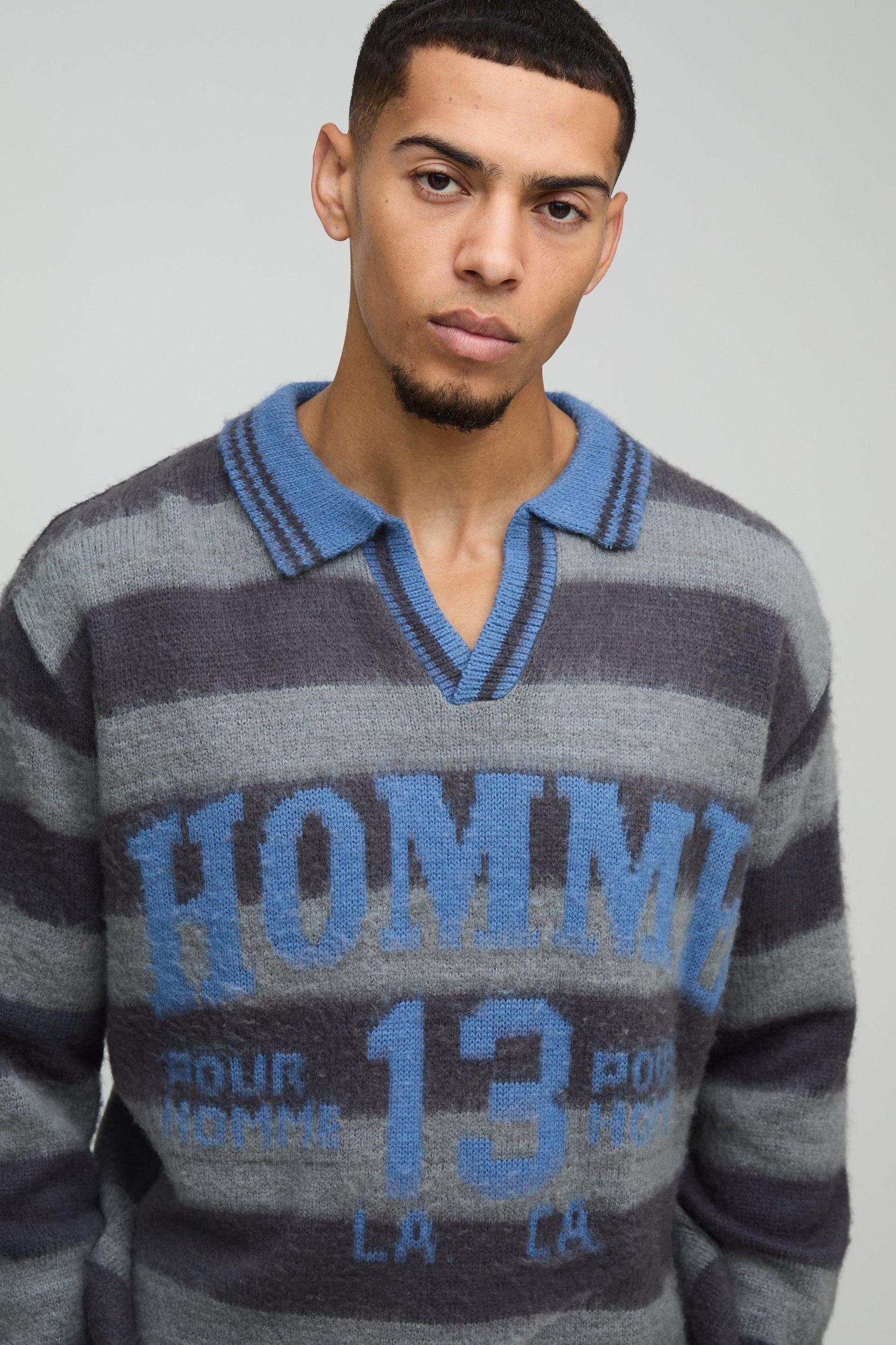 Oversized Brushed Striped V Neck Knit Polo | boohooMAN USA Product Image