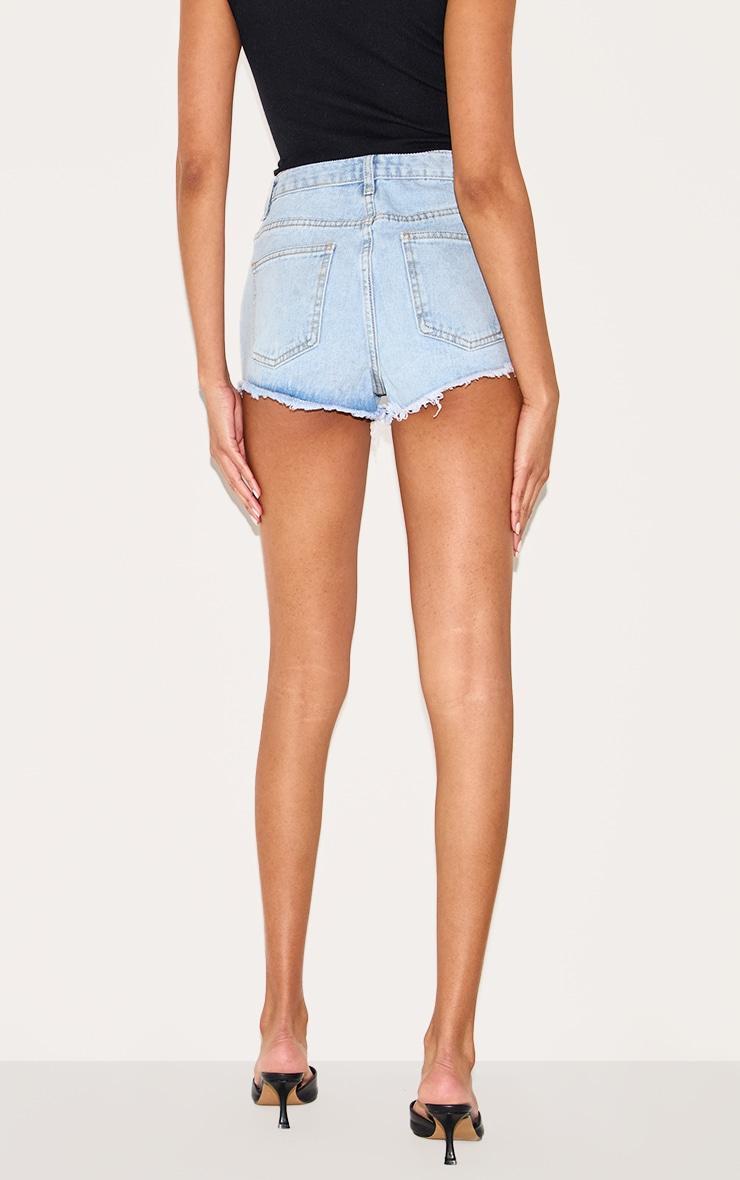 Light Blue Wash Frayed Hem Denim Hot Pants Product Image