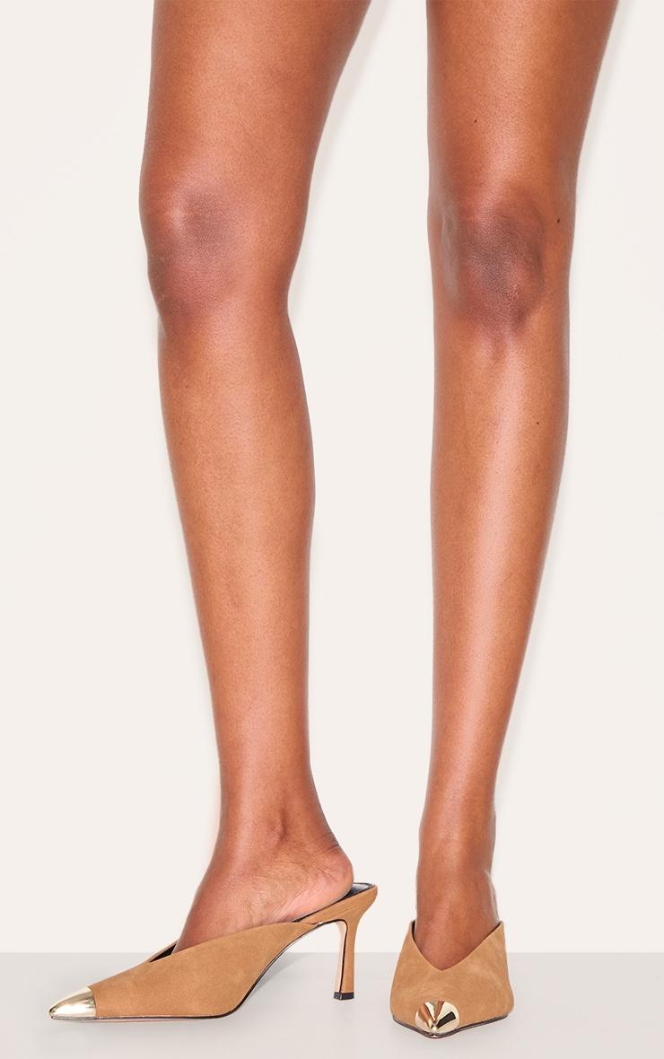 Camel Faux Suede Silver Toe Cap Point Toe Heeled Mules Product Image