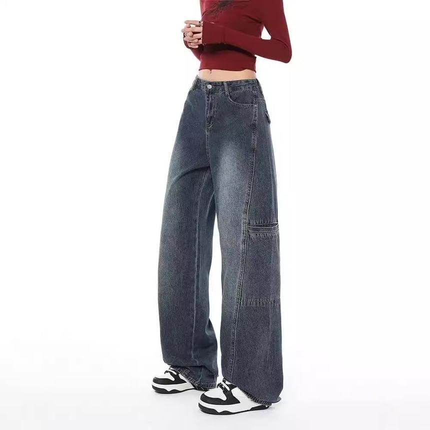 Low Rise Washed Paneled Wide Leg Jeans Product Image