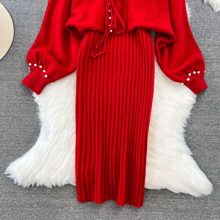 Set: Sleeveless V-Neck Plain Ribbed Knit Sheath Dress + Faux Pearl Cardigan Product Image