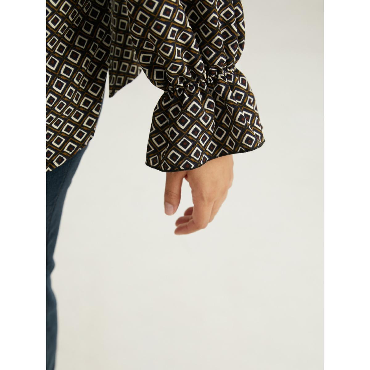 Plus Size Multicolor Geometric Knot Neck Flutter Trim Blouse Women Office Long Sleeve Tie Neck Work Blouses BloomChic 28/5X Product Image