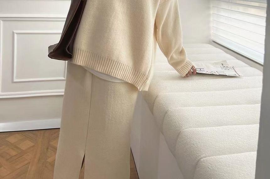 Set: Plain Zip-Up Knit Hoodie + High Rise Slit Midi Straight Skirt Product Image