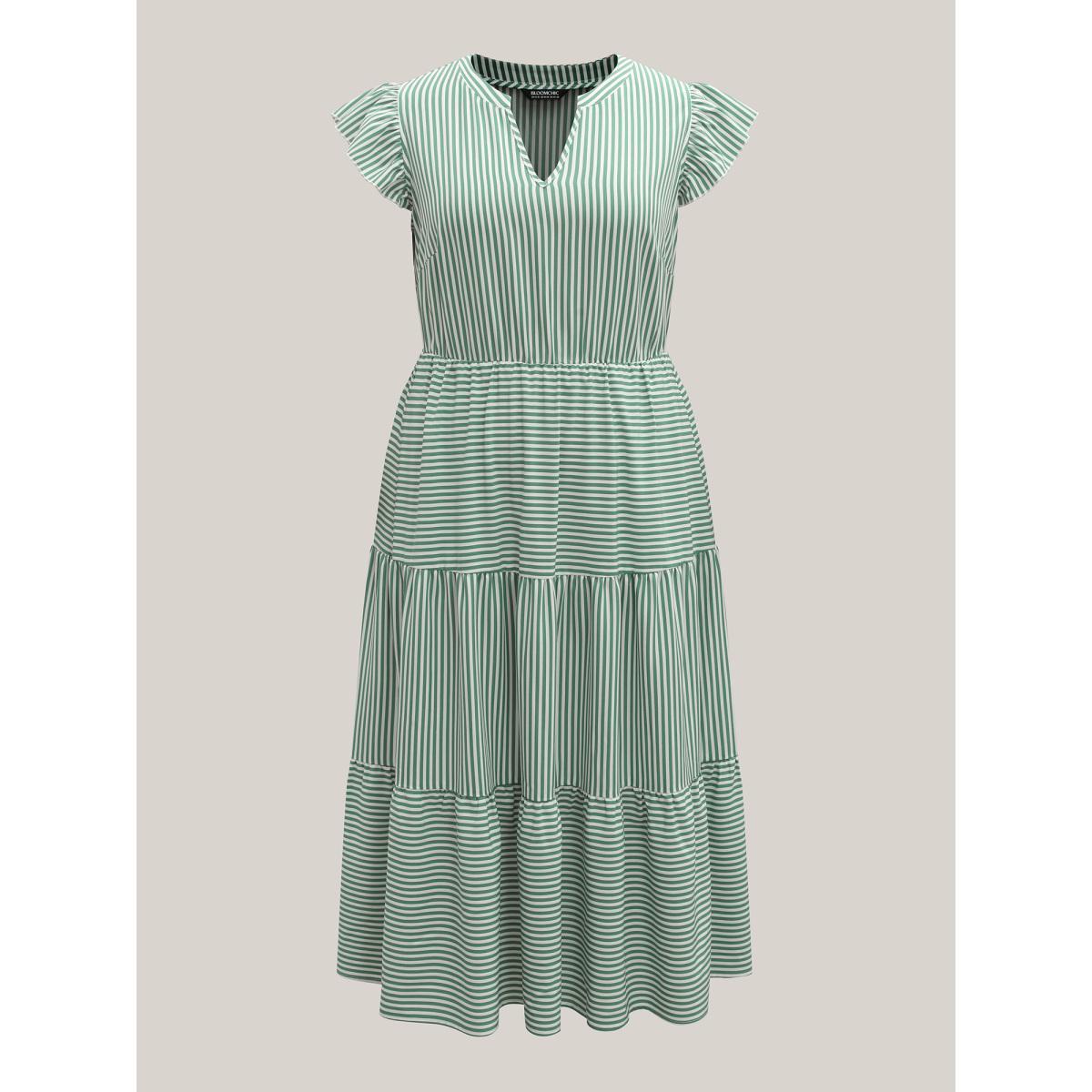 Plus Size Breezy Stripes Tiered Maxi Dress Emerald Women Flat collar with V-notch Cap Sleeve Curvy BloomChic 14-16/1X Product Image