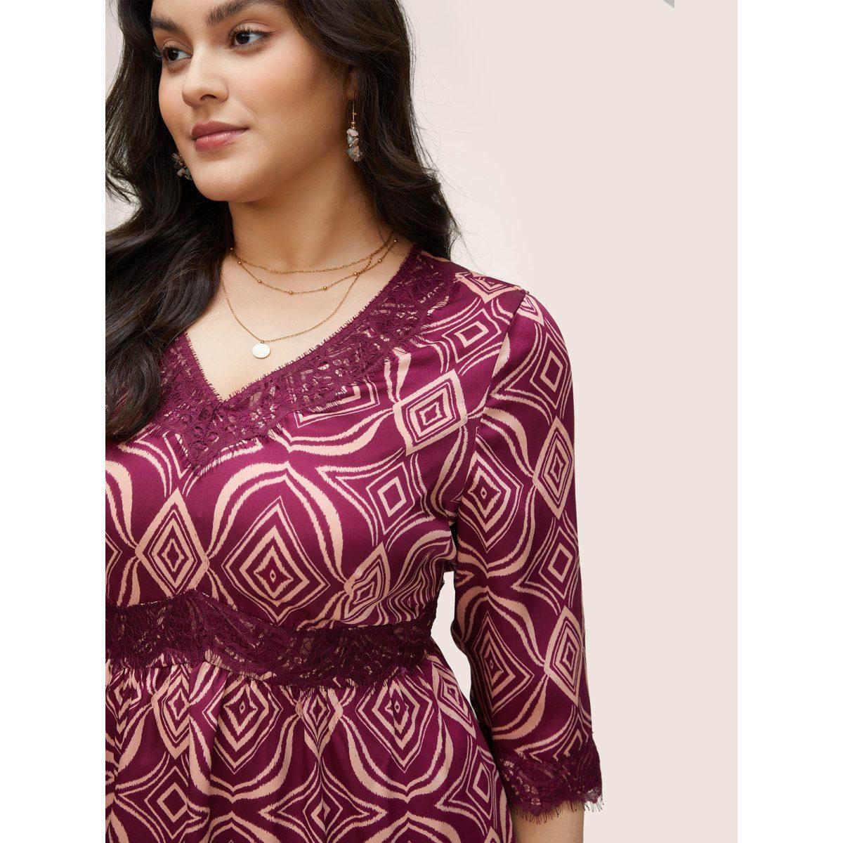 Plus Size Geometric Lace Panel Patchwork Elastic Waist Dress RedViolet Women Resort Non V-neck Elbow-length sleeve Curvy Midi Dress BloomChic 22-24/3X Product Image