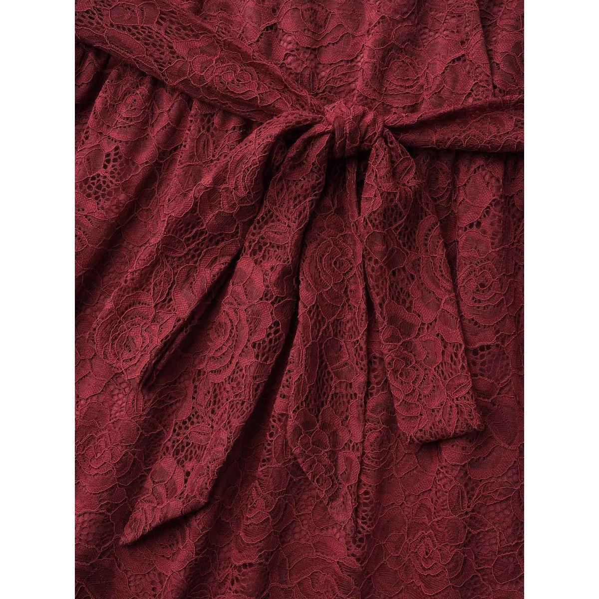 Plus Size Crochet Lace Mesh Surplice Neck Belted Dress Burgundy Women Elegant Texture Party Curvy Bloomchic 14-16/1X Product Image
