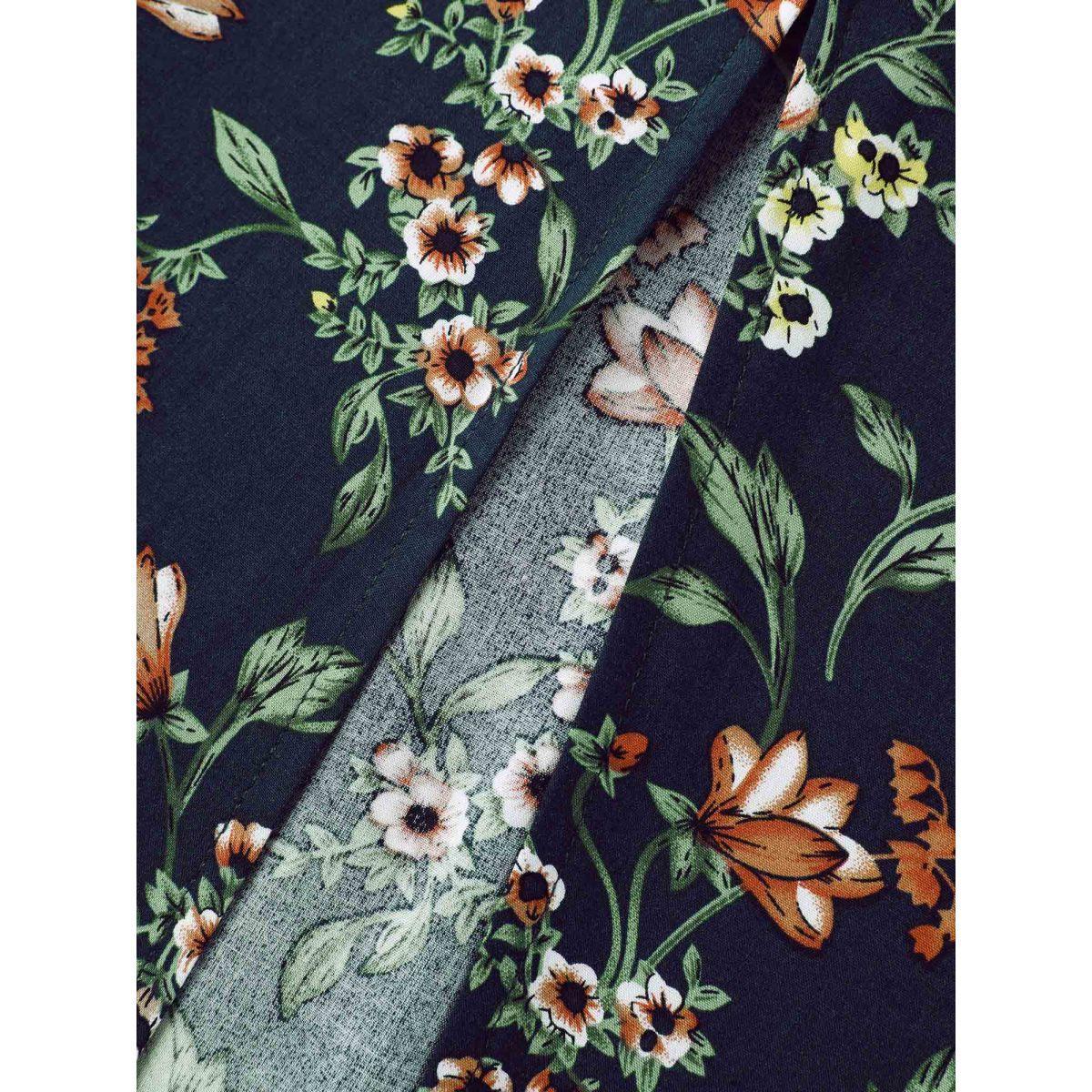 Plus Size Rayon Floral Side-Tie Stretchy Midi Dress Indigo Women Overlap Collar Short sleeve Curvy BloomChic 14-16/1X Product Image