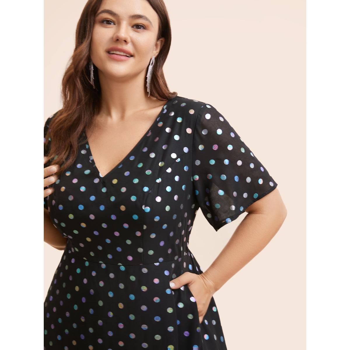 Plus Size V Neck Polka Dot Glitter Ruffle Sleeve Dress Black Women Cocktail Texture V-neck Short sleeve Curvy BloomChic 22-24/3X Product Image