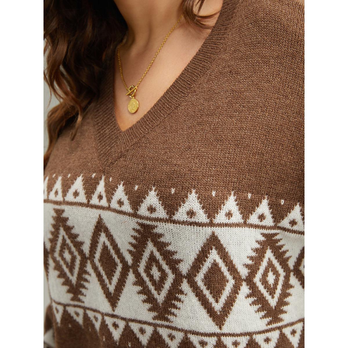 Plus Size Anti-Pilling Bandana Print V Neck Pullover Bronze Women Casual Loose Long Sleeve V-neck Everyday Pullovers BloomChic 22-24/3X Product Image