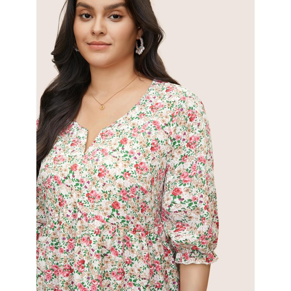 Plus Size Multicolor Ditsy Floral Notched Gathered Ruffles Blouse Women Elegant Elbow-length sleeve Notched collar Everyday Blouses BloomChic 14-16/1X Product Image