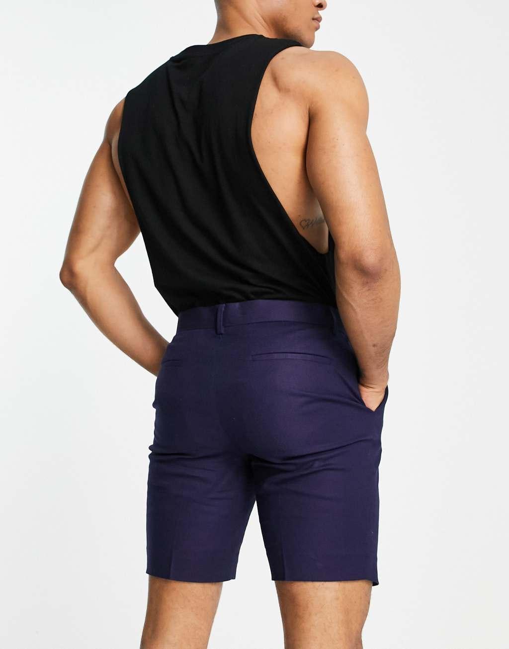 ASOS DESIGN smart skinny linen mix shorts in navy Product Image