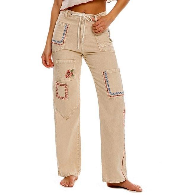 Agua Bendita Moorea Blush Floral Embroidered Straight Cargo Pants Product Image