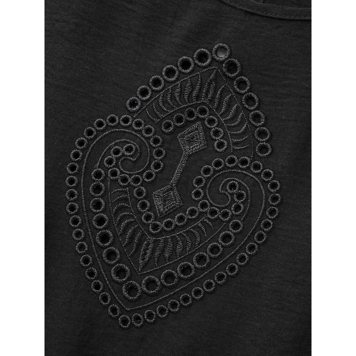 Plus Size Broderie Anglaise Woven Ribbon Midi Dress Black Women Elegant Woven ribbon&lace trim Round Neck Short sleeve Curvy BloomChic 12/L Product Image