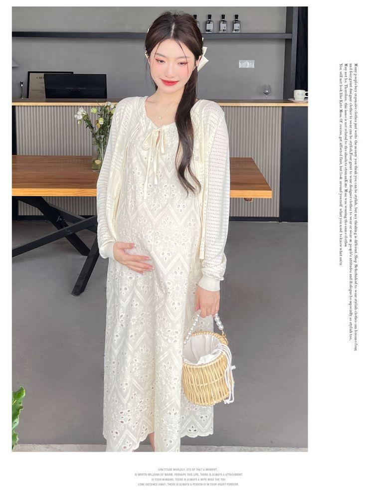 Maternity Sleeveless Scoop Neck Lace Embroidered Midi A-Line Dress / Striped Cardigan Product Image