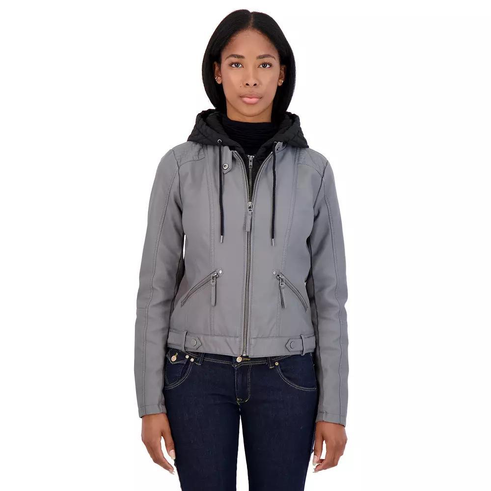 Women's Sebby Collection Hooded Faux-Leather Racing Jacket, Size: Medium, Red Product Image