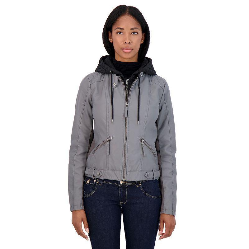 Women's Sebby Collection Hooded Faux-Leather Racing Jacket, Size: Medium, Red Product Image