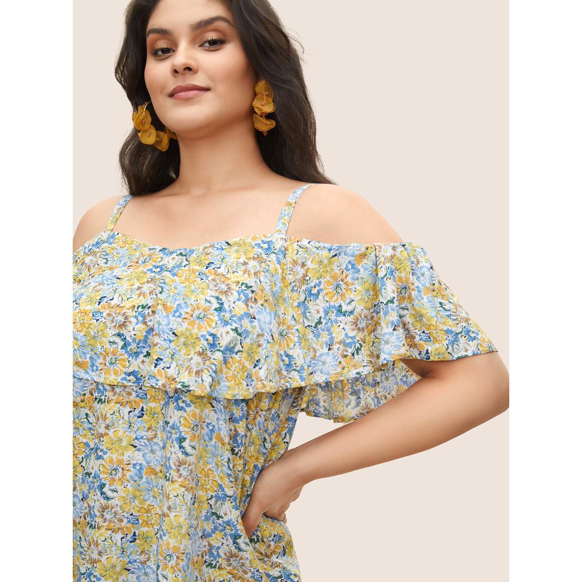 Plus Size Blue Floral One Shoulder Neck Adjustable Straps Blouse Women Resort Short sleeve One-shoulder neck Vacation Blouses BloomChic 18-20/2X Product Image