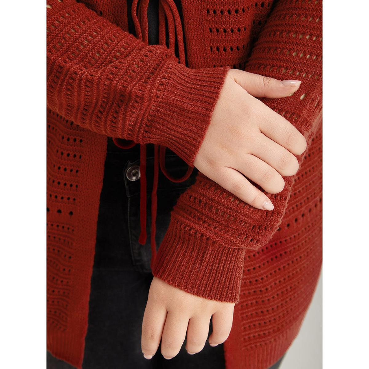 Plus Size Plain Ties Front Geometric Eyelet Cardigan Rust Women Casual Loose Long Sleeve Dailywear Cardigans BloomChic 10/M Product Image