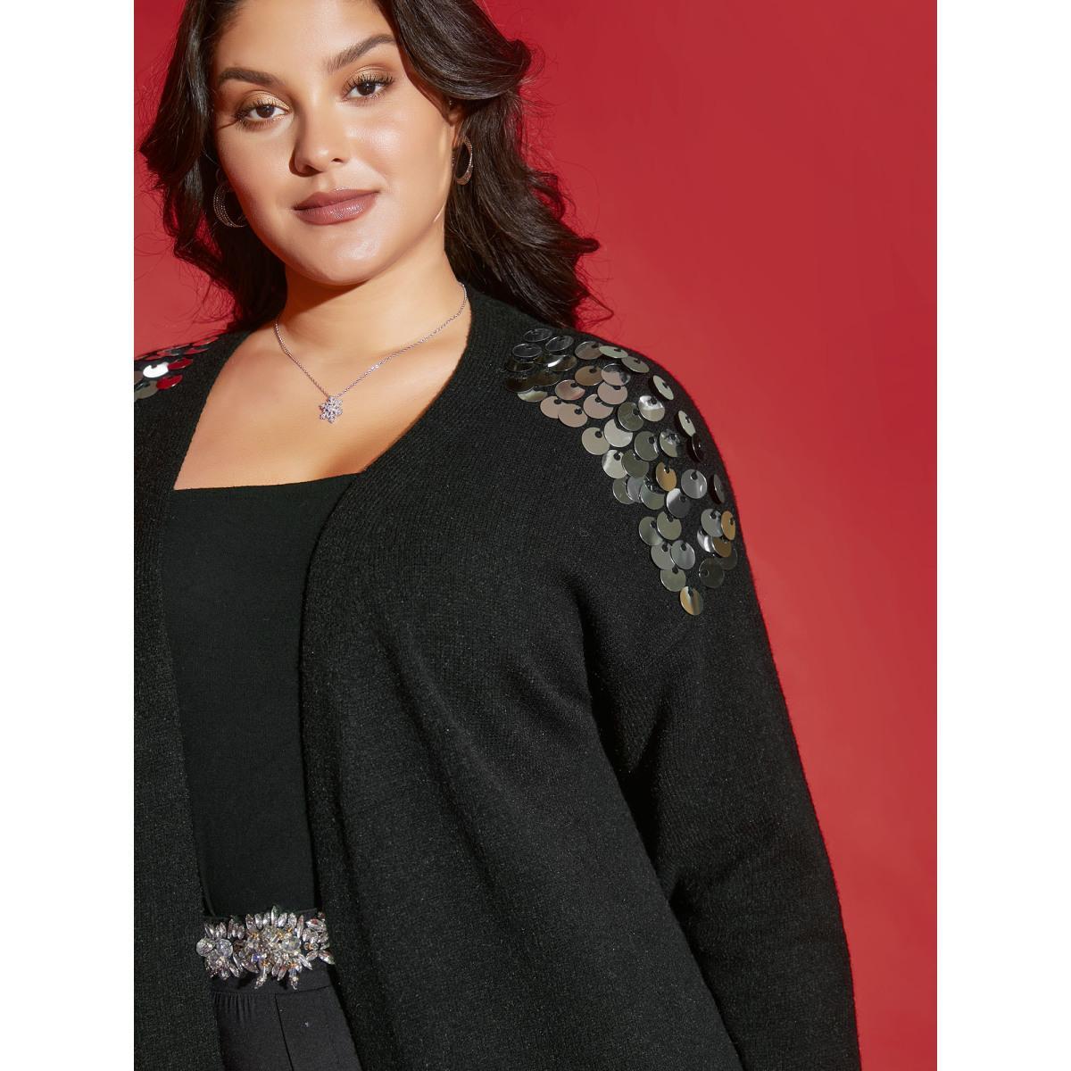 Plus Size Supersoft Essentials Silver Sequins Shoulder Open Cardigan Black Women Cocktail Loose Long Sleeve Party Cardigans BloomChic 12/L Product Image