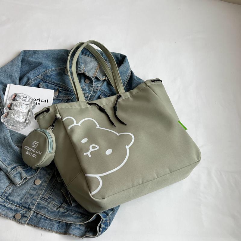 Set: Bear Print Tote Bag + Lettering Coin Purse Product Image