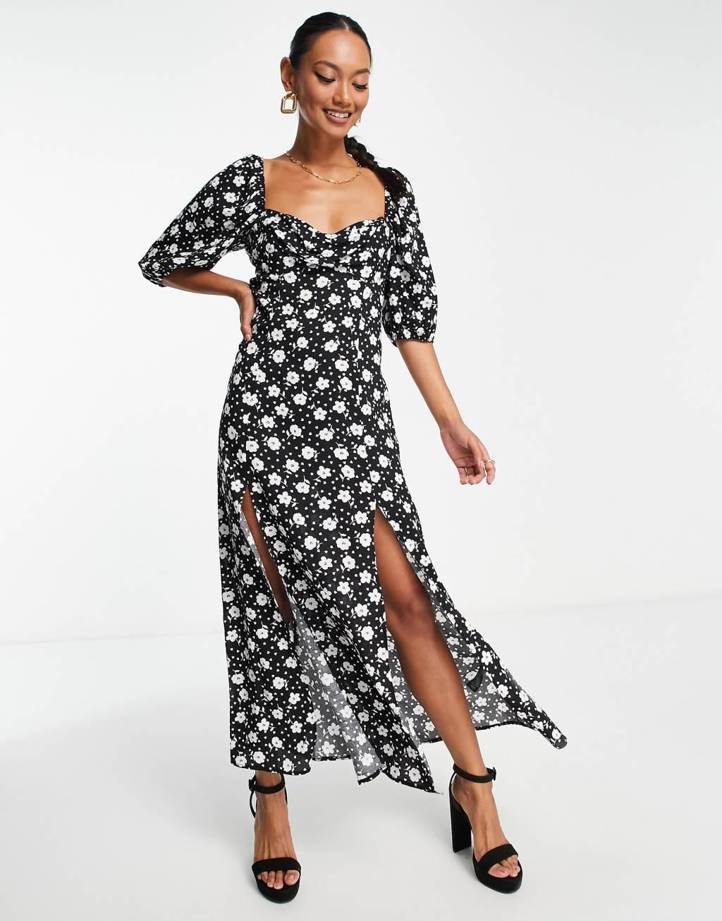 ASOS DESIGN puff sleeve ruched bust midi split dress Product Image