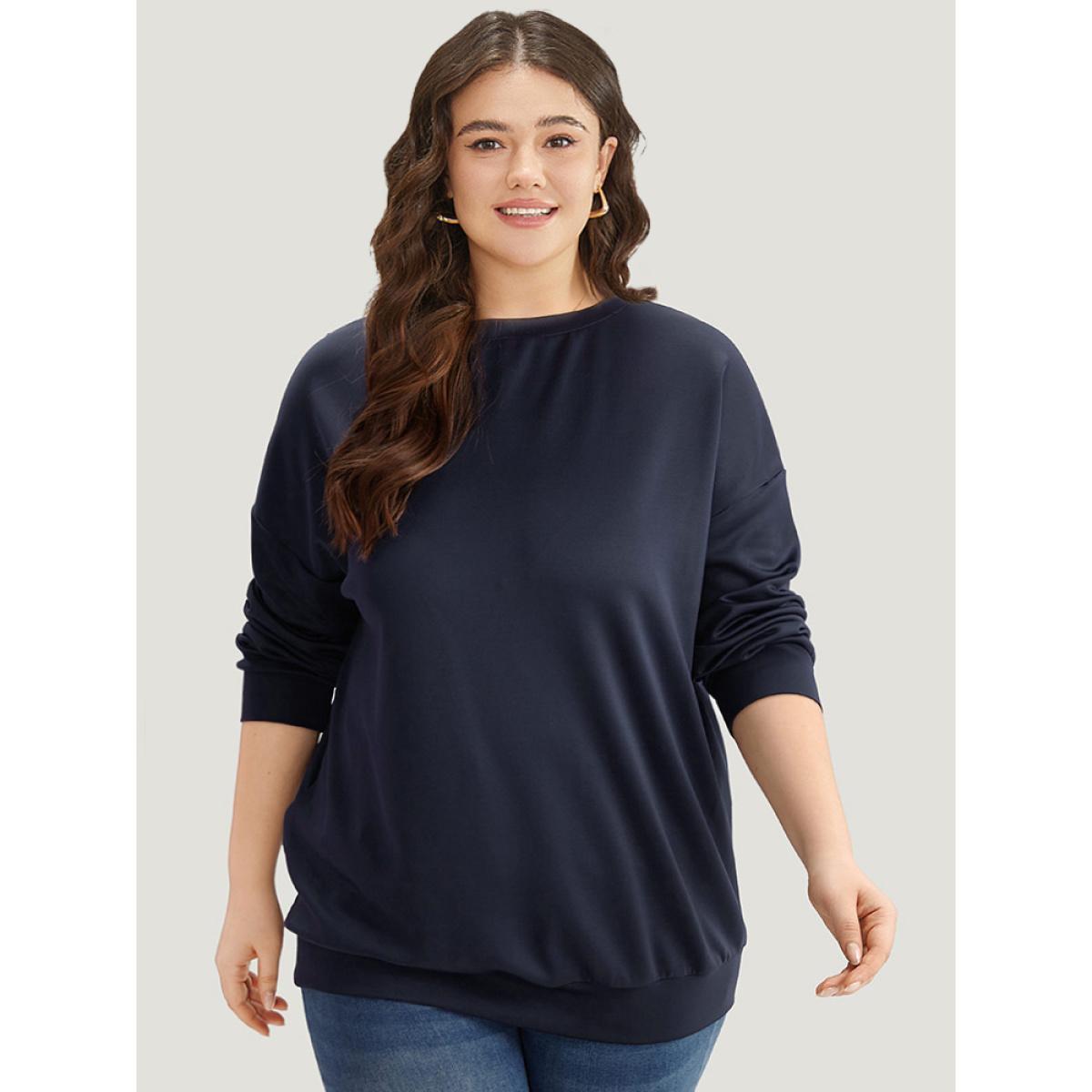 Plus Size Solid Button Detail Patchwork Sweatshirt Women Indigo Casual Elastic cuffs Round Neck Dailywear Sweatshirts BloomChic 12/L Product Image