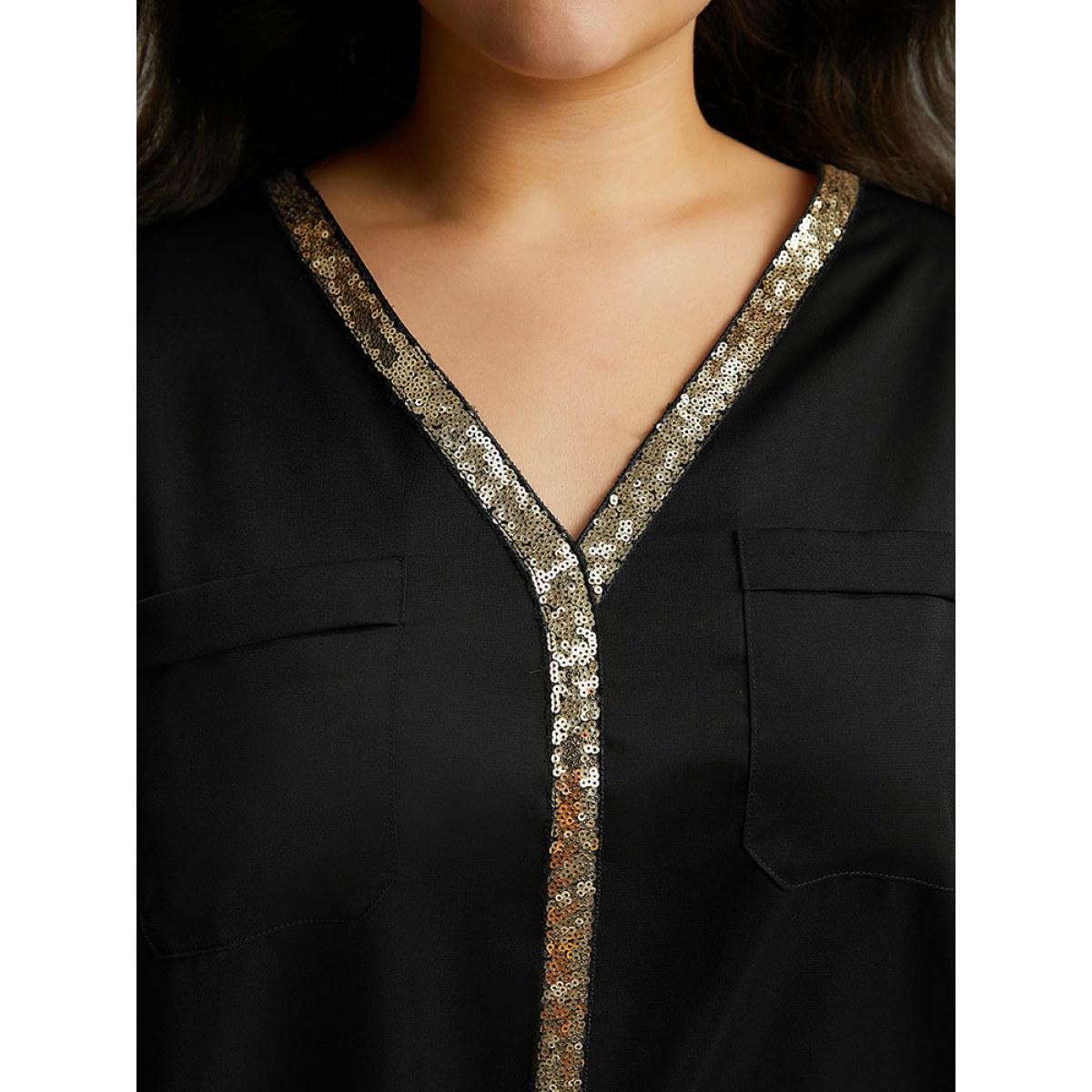 Plus Size Black Sequin Patchwork V Neck Blouse Women Glamour Long Sleeve V-neck Party Blouses BloomChic 22-24/3X Product Image