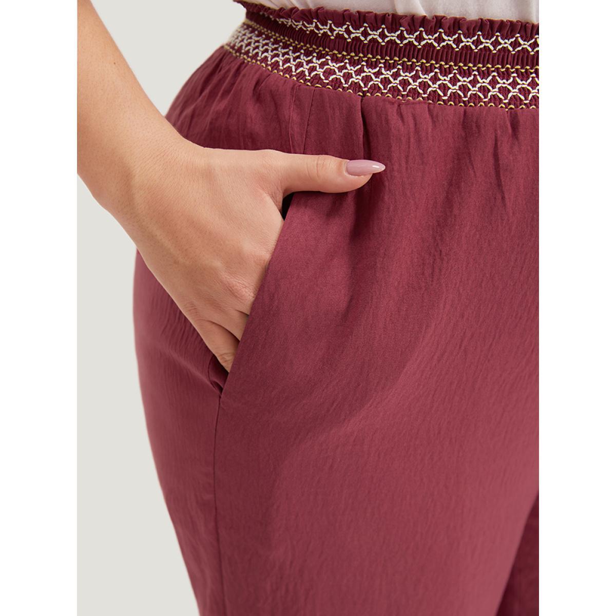 Plus Size Contrast Pocket Shirred Paperbag Waist Carrot Pants Women Burgundy Elegant High Rise Dailywear Pants BloomChic 12/L Product Image