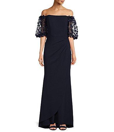 Xscape 3D Flower Applique Off-the-Shoulder Short Puffed Sleeve Scuba Crepe Sheath Gown Product Image