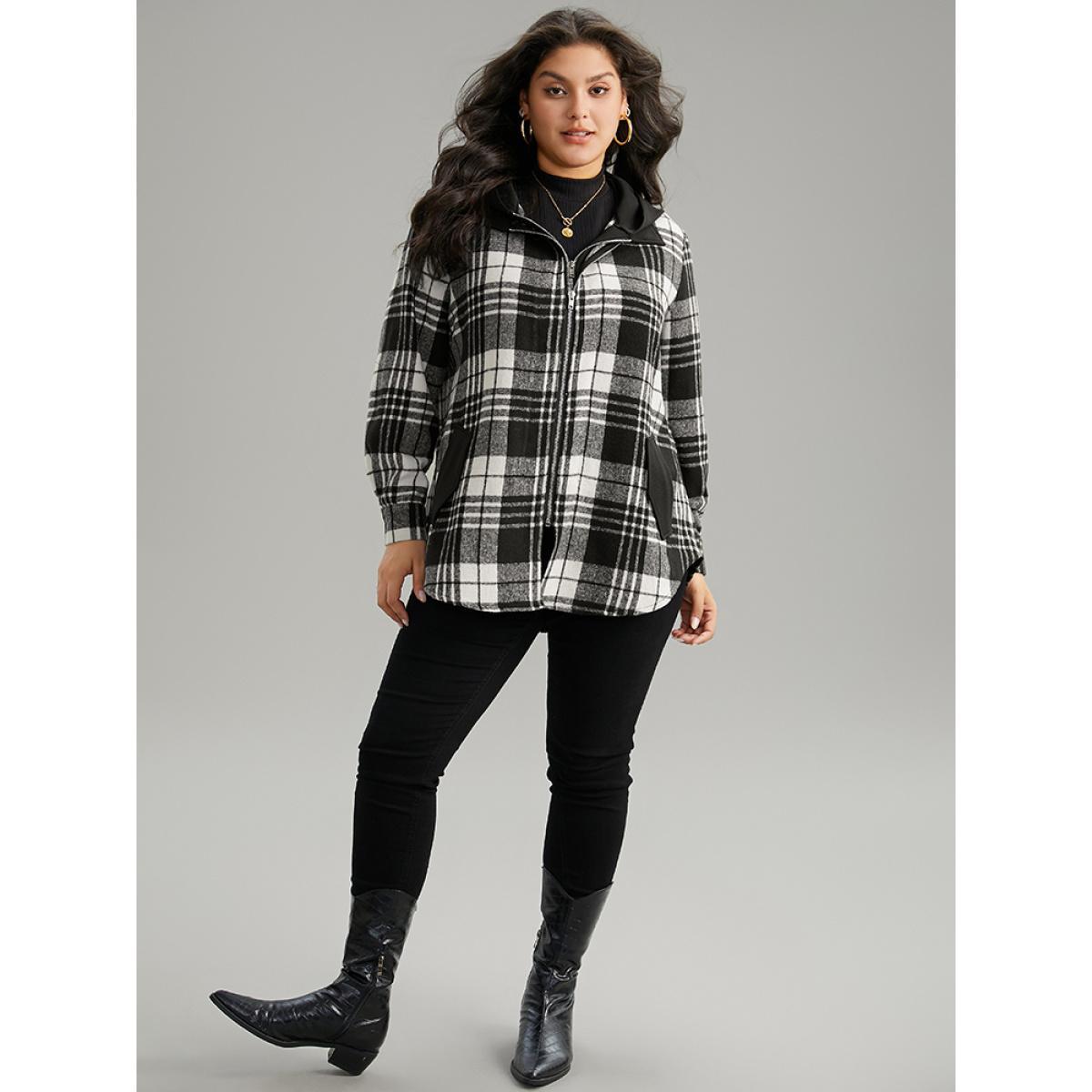 Plus Size Plaid Patchwork Zipper Contrast Hooded Jacket Women Black Contrast Pocket Everyday Jackets BloomChic 30/6X Product Image