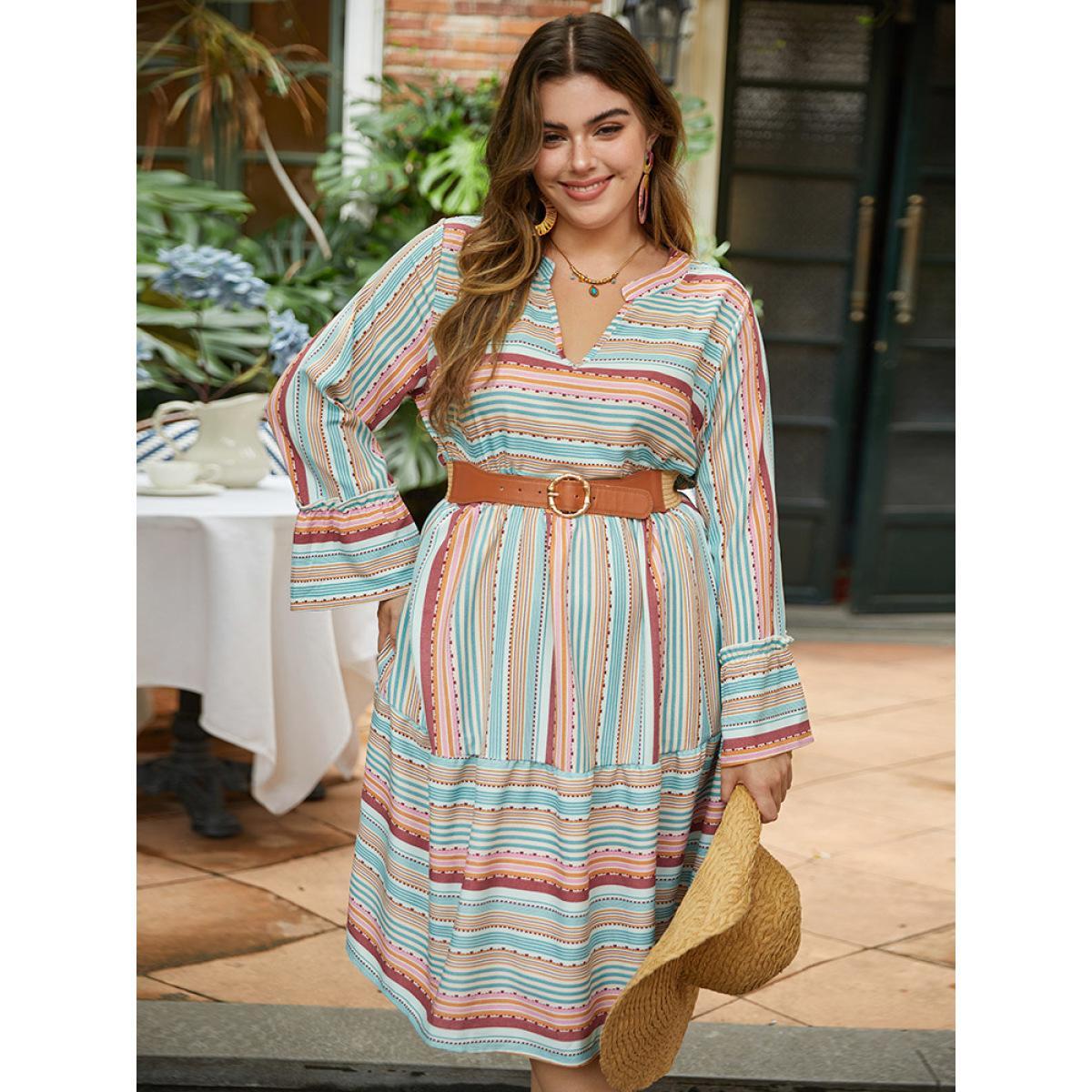 Plus Size Contrast Striped Notched Layered Hem Bell Sleeve Dress Multicolor Women Vacation Gathered Notched collar Long Sleeve Curvy Midi Dress BloomChic 22-24/3X Product Image