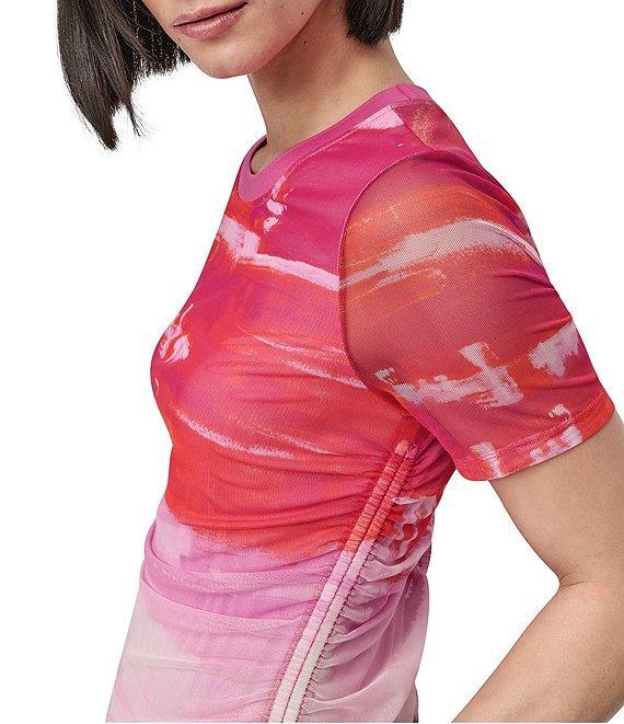 DKNY by Donna Karan Printed Mesh Crew Neck Short Sleeve Ruched Top Product Image