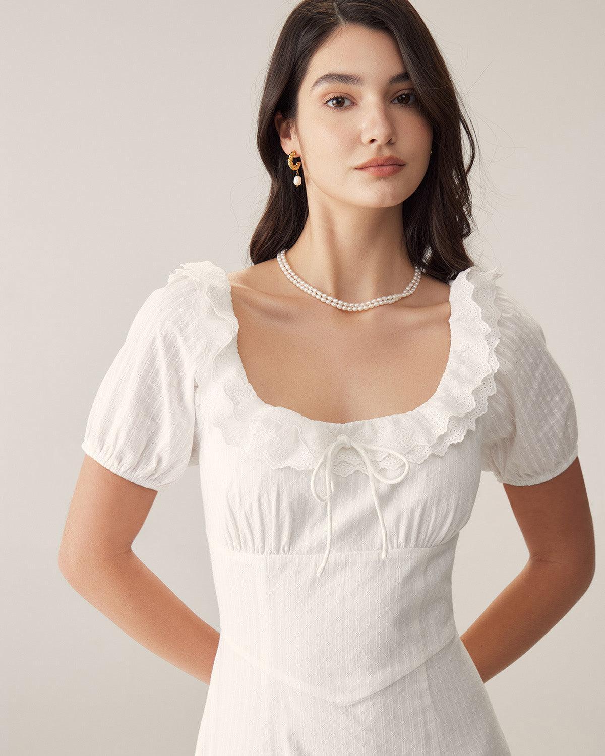 White Embroidery Puffed Sleeve Maxi Dress Product Image
