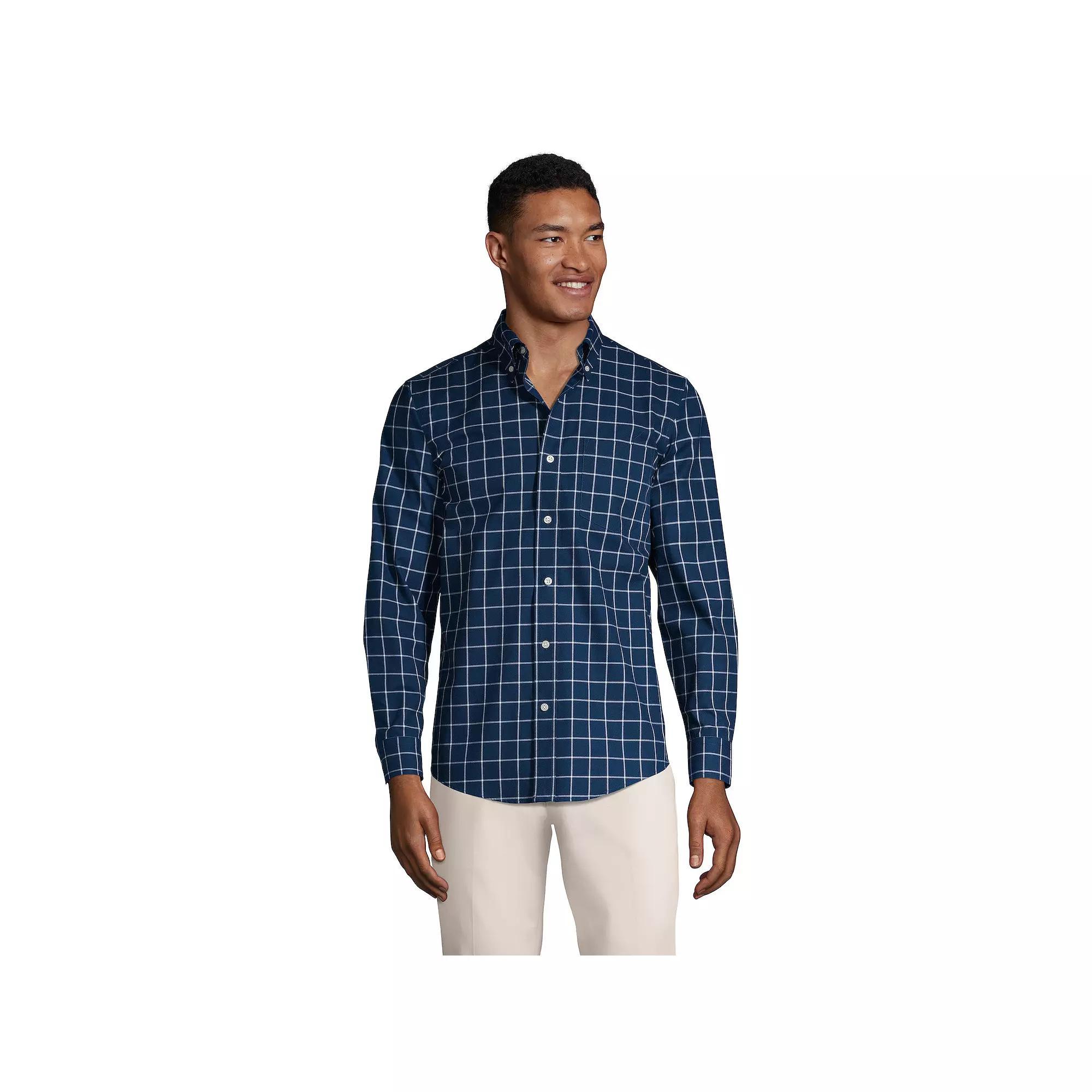 Mens Lands End Traditional-Fit No-Iron Twill Button-Down Shirt Deep Blue Windowpane Product Image