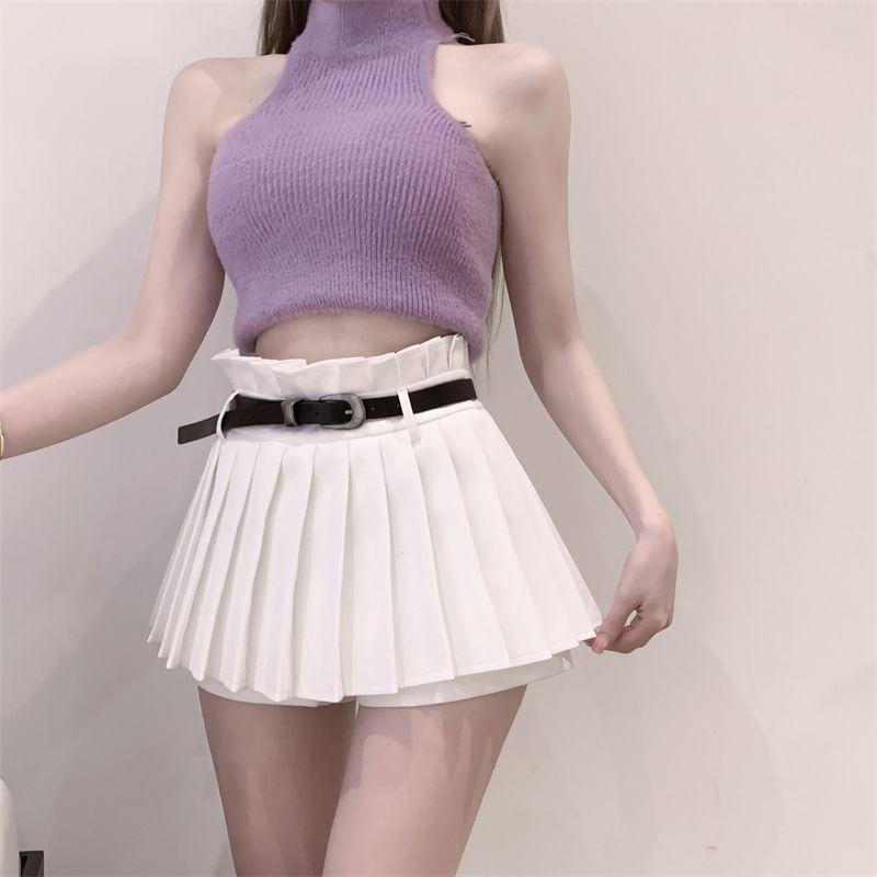 High Waist Plain Mini Pleated Skorts Product Image