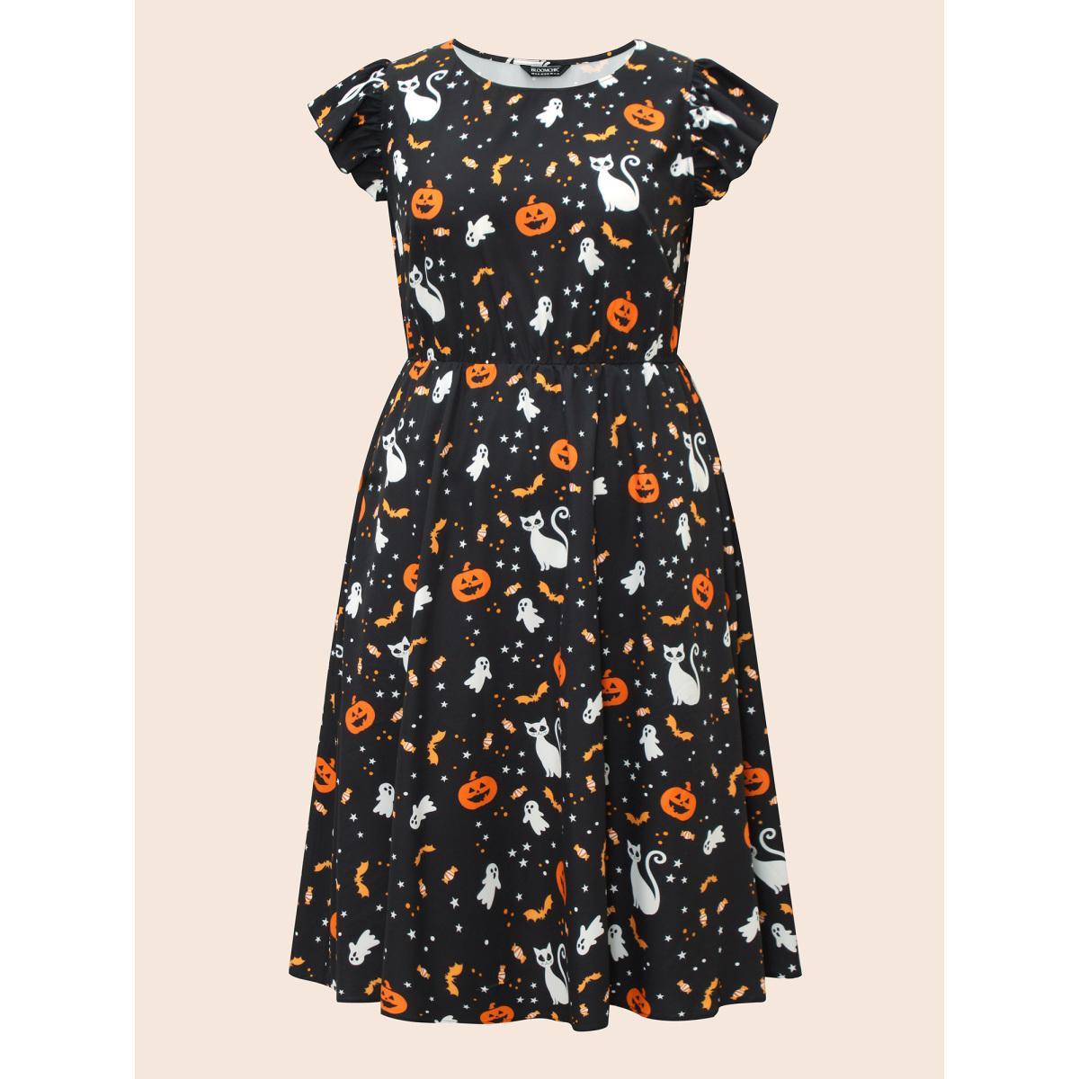 Plus Size Pumpkin Printed Ruffle Sleeves Midi Dress Black Women Casual Ruffles Party Curvy Bloomchic 14-16/1X Product Image