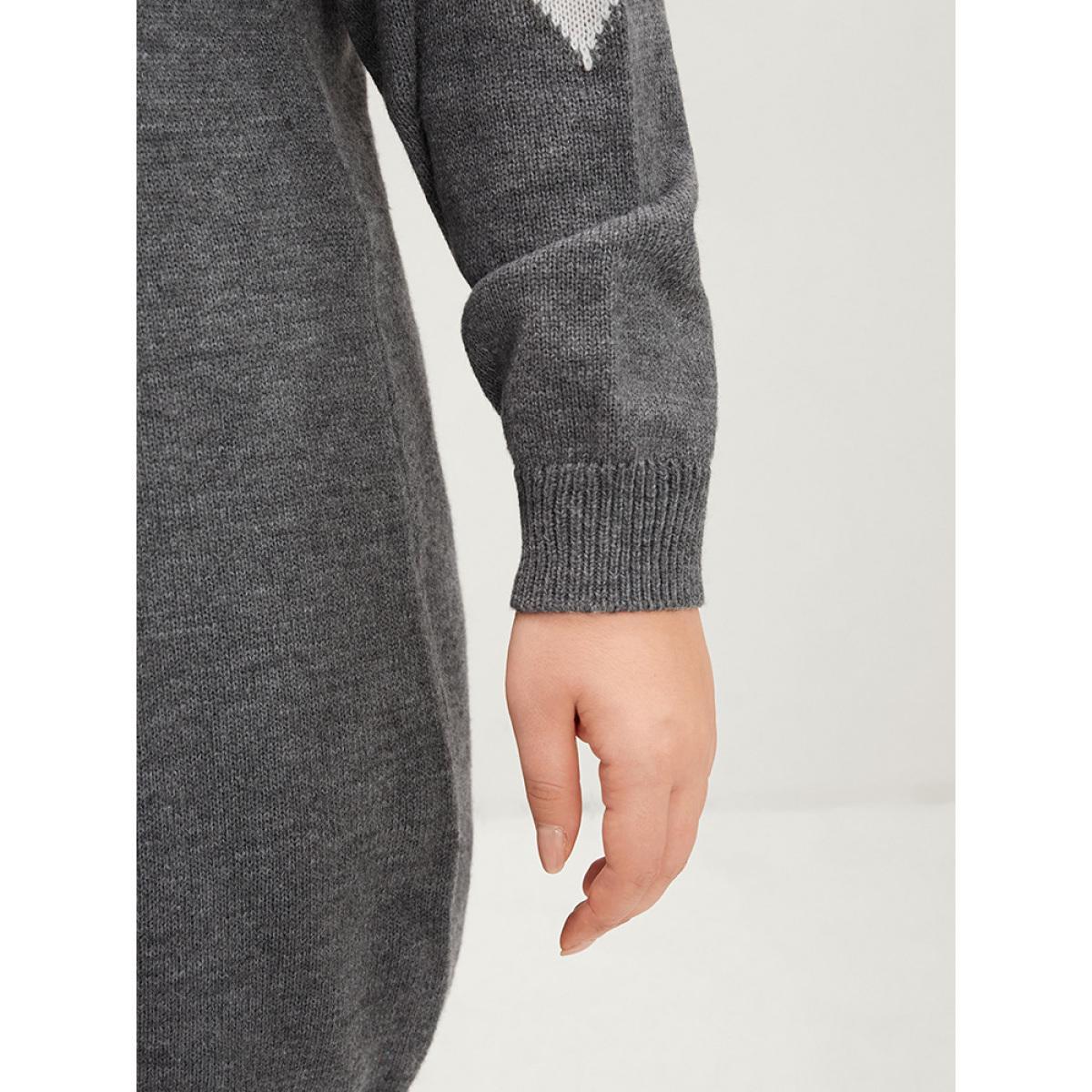 Plus Size Colorblock Contrast Pointelle Knit Round Neck Mid Long Knit Top Burgundy Women Casual Loose Long Sleeve Round Neck Everyday Pullovers BloomChic 10/M Product Image