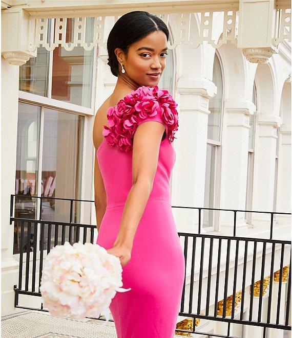 Dress the Population Aubrielle 3D Floral Asymmetrical Neck One Shoulder Short Sleeve Side Slit Gown Product Image