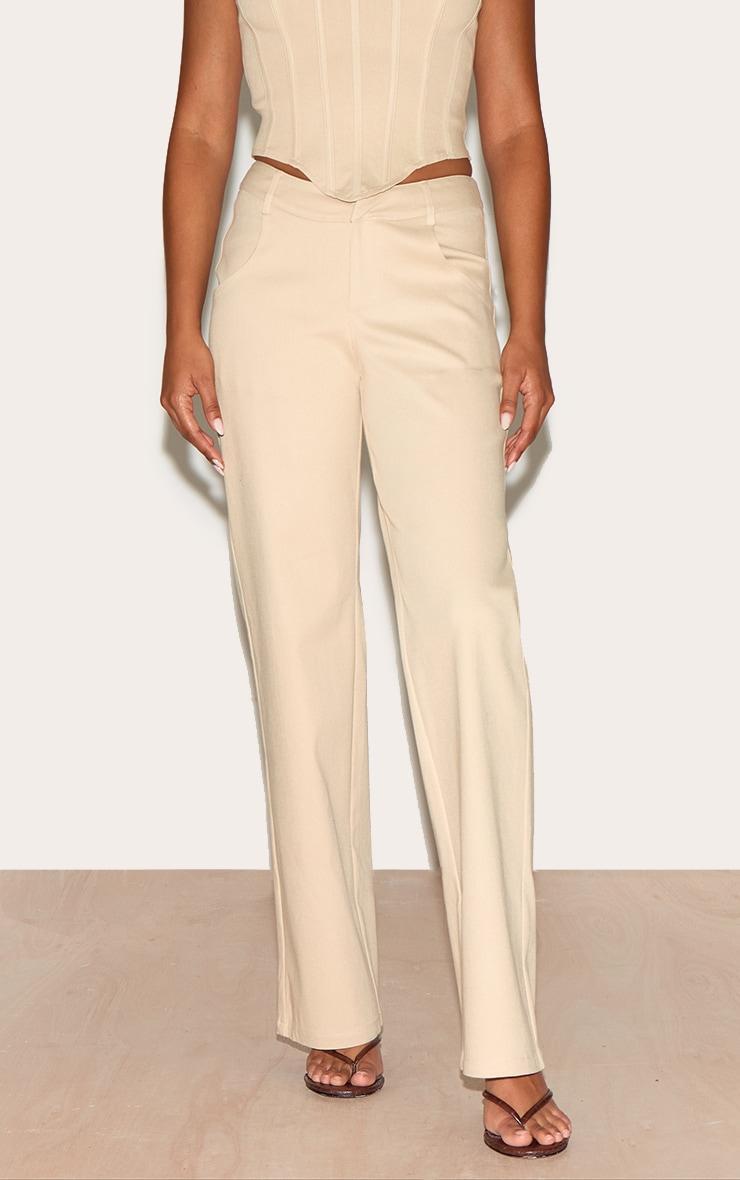 Cream Twill Dipped Waistband Straight Leg Pants Product Image