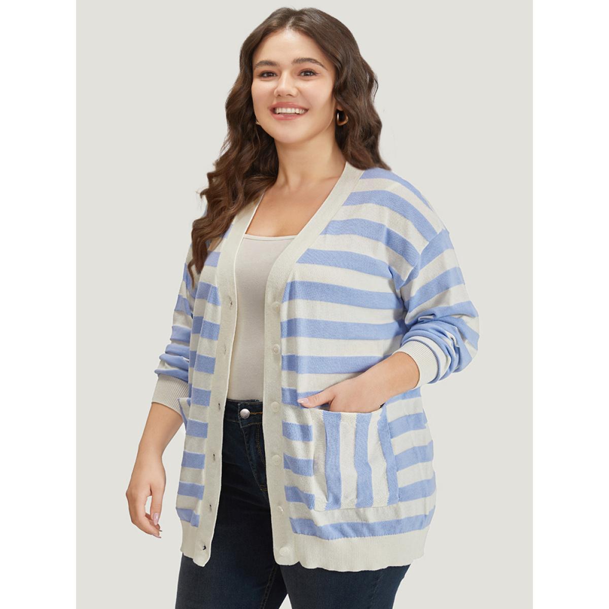 Plus Size Striped Button Down Patched Pocket Cardigan LightBlue Women Casual Loose Long Sleeve Everyday Cardigans BloomChic 12/L Product Image