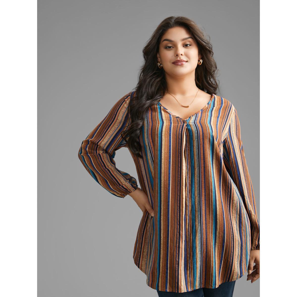 Plus Size Multicolor Contrast Striped Pocket Lantern Sleeve Blouse Women Elegant Extra Long Sleeve V-neck Everyday Blouses BloomChic 12/L Product Image