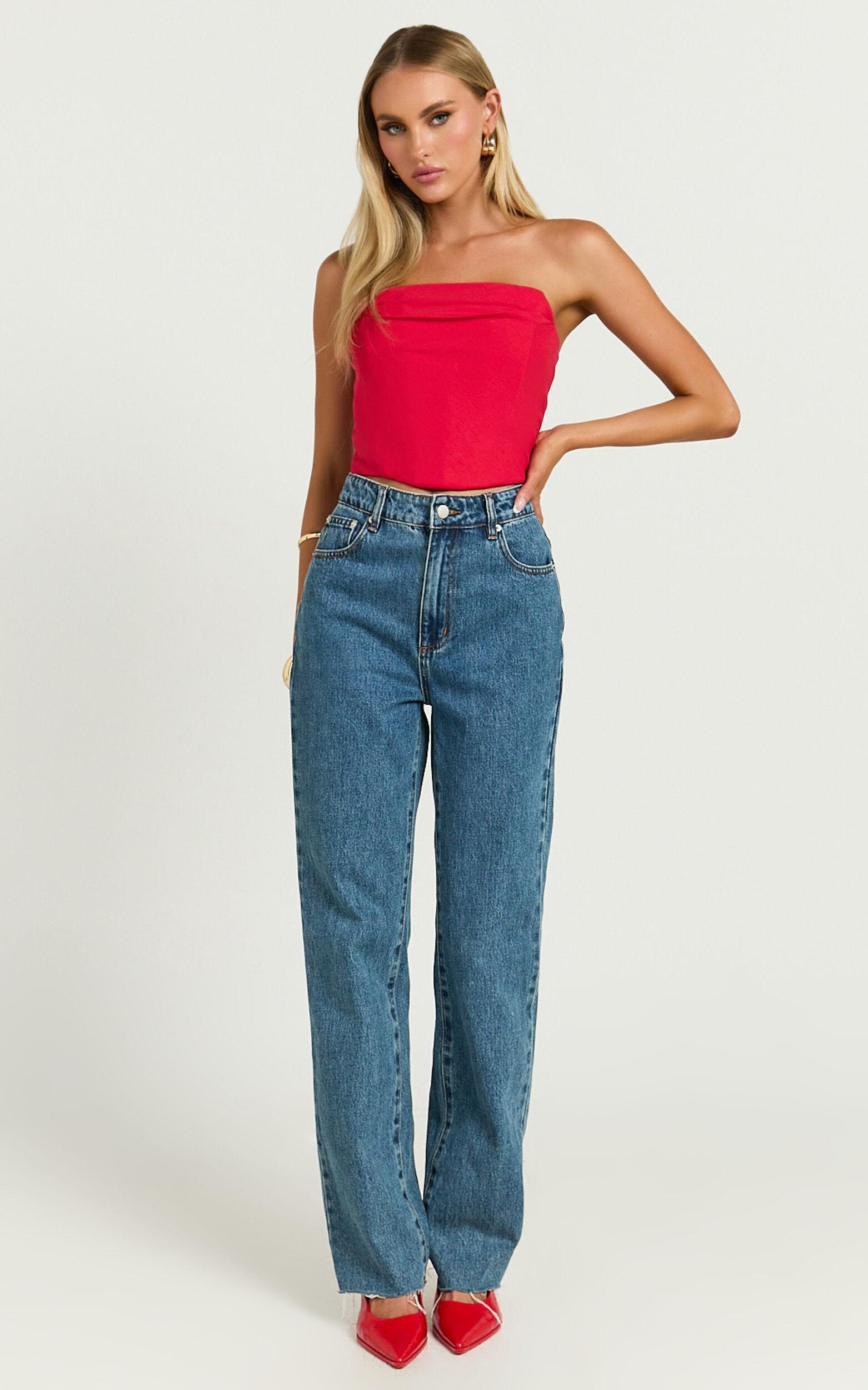 Marcelle Top - Strapless Cowl Corset Satin Top in Red Product Image
